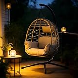 Garvee Fauteuil Suspendu Aria en Rotin Synthétique – Chaise Balancelle Élégante avec Coussin Épais, Hauteur Réglable et Structure Stable, pour Intérieur et Extérieur, Jardin, Balcon ou Salon - Gris