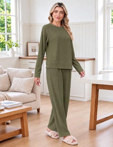 Ekouaer Lounge Sets for Women Textured Corduroy Long-Sleeve Top and Pants | Textured Corduroy, Relaxed Crew-Neck Top, Cuffed Sleeves, Wide-Leg Pants with Drawstring Waist and Side Pockets - image 2