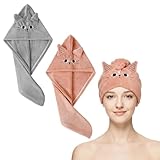 ASFWAGQ 2 Stück Mikrofaser Haartuchwickel Schnelltrocknend Haarturban Absorbierender Haartuch Niedlich Hair Plopping Towel Curly Dunkelrosa Grau Katze für Frauen Mädchen