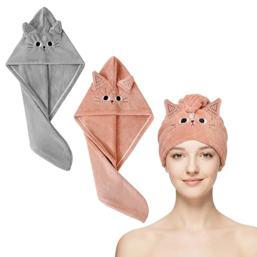 ASFWAGQ 2 Stück Mikrofaser Haartuchwickel Schnelltrocknend Haarturban Absorbierender Haartuch Niedlich Hair Plopping Towel Curly Dunkelrosa Grau Katze für Frauen Mädchen