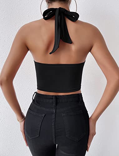 Aranmei Women’s Sexy Deep V Halter Crop Tops Plunge Sleeveless Seamless Bustier Cropped Tank Top(Black Large) #TOP2