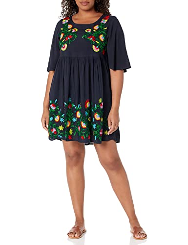 Riviera Sun 21824-NVY-L Rayon Crepe Short Dress with Multicolored Embroidery