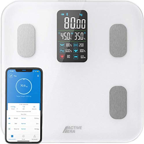 Active Era® Bluetooth Bathroom Scales - Smart Digital Body Weight Scales, 16 High Precision Measurements - Micro USB Charged - Free Smartphone App, Compatible with Fitbit & Apple Health (White)