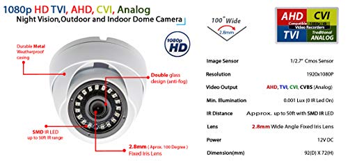 Evertech 1080P Hd-Tvi/Ahd/Cvi/Analog Compatible Cctv Security Surveillance Camera With Fixed Wide Angle Lens #TOP2
