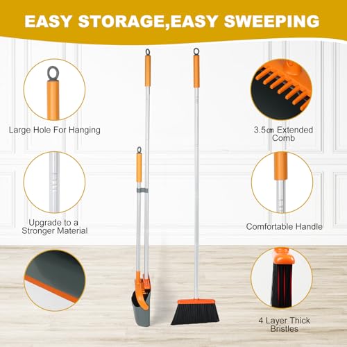 Dirty Fox Besen- und Kehrschaufel-Set mit 137,2 cm langem Griff – perfekte Kehrschaufel und Bürste für eine effiziente Reinigung zu Hause (Orange und Grau)