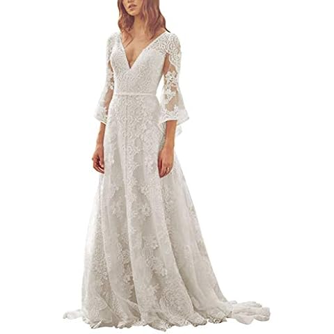 HUINI Damen V-Ausschnitt Brautkleid Boho Vintage Spitze Strand Hochzeitskleider Prinzessin Lang 3/4 Ärmel Cover