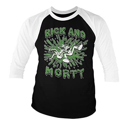 Image of Rick and Morty Officially Licensed Splash Baseball 3/4 Sleeve T-Shirt (White-Black), X-Large