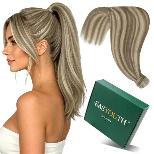 Easyouth Ponytail Extensions Human Hair, Light Brown Highlights Platinum Blonde, 16 Inch 80G, Pony Tail Extensions, Natural Looking, Real Hair Ponytail Extension for Daily Work