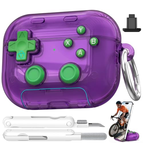 Coque AirPods Pro 3 violette transparente avec verrou de sécurité et support de téléphone