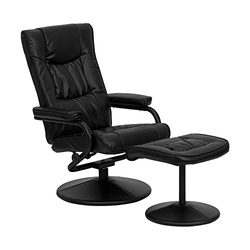 Offex Contemporary Black Leather Recliner And Ottoman With Leather Wrapped Base #TOP25