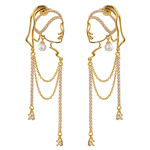 Unique Abstract Face Art | Dangle Statement Long Earrings for Women | Rhinestone Tassel Handmade Chandelier Earrings
