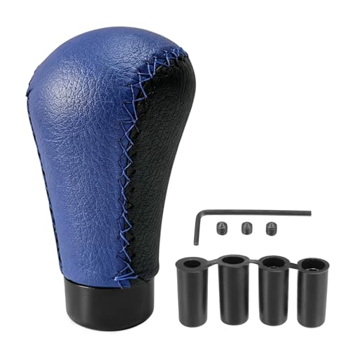Xiqaler 5 Speed Shifter Knobs Cover, Anti-Slip Leather Auto Gear Handle Cover with Adapters, Shifter Lever Protector Replacement for Most Manual Vehicles, Car Accessories (Black & Blue)
