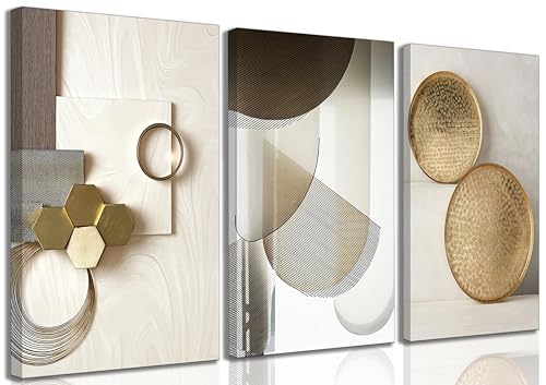 3 Pcs Abstract Gold Geometric Boho Canvas Wall Art Mid Century Modern Minimalist Aesthetic Luxury Metal Artwork Pictures Wall Decor Posters Prints for Living room Bedroom Office Home Decoration