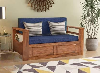 Solid Sheesham Wood 2 Seater Sofa Cum Bed with Side Pockets Storage for Home Living Room Wooden Sofa Cum Bed – Natural Finish with Blue Cushion