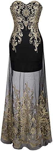 Angel-fashions Mujer Diseno de Bordado Floral Transparente Vestido de Noche Largo Medium