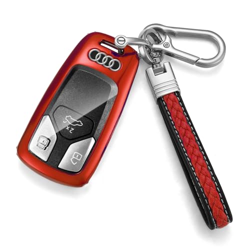 Tpu Silicone Full Protective Car Key Fob Cover for Audi,3 Buttons Remote Control Smart Key Case with Leather Keychain