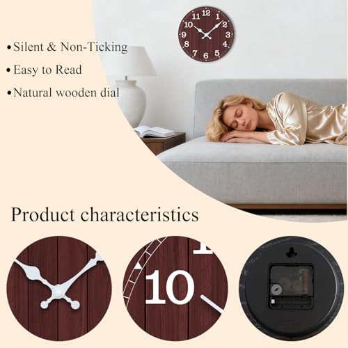 Image of Wall Clock, Modern Wall Clocks Battery Operated, Silent Non Ticking Clock Decorative for Living Room, Office, Home, School 10 Inch (Brown, White)