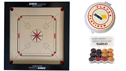 Image of Synco Tournament Full Size Carrom Board with Wooden Coins and Professional Striker 15g (Platinum Genius 20mm)