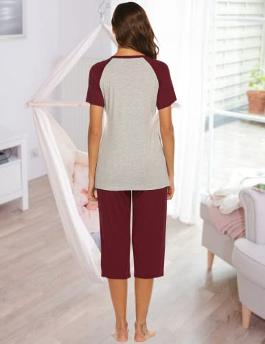 Ekouaer Womens Maternity Short Sleeve Shirt And Elastic Waist Pajama Capri Pants Set (Wine Red L) #TOP13