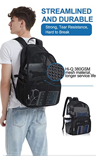 Heavy Duty Mesh Backpack For Adults, 22L Mesh Backpack For School, See Through Black Mesh Bookbag For Boys Girls With Comfort Padded Straps For School, Beach, Swimming, Fitness, Sports #TOP2