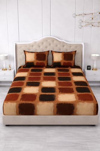 Image of 300 TC Cotton Feel Glace Cotton Elastic Fitted Bedsheet for King Size Double Bed | Fits up to 8 Inch Mattress | Printed Bedsheet with 2 Pillow Covers (Coffee Box, King Size - 72 inchx78 inch)
