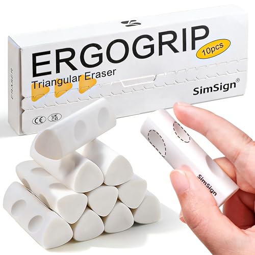 SimSign Ergonomische Dreikant Radiergummi 10 Stück Weiß Radierer mit Rutschfeste Griffmulden Sauberes Radieren mit Wenig Abrieb für Kinder Schule & Büro