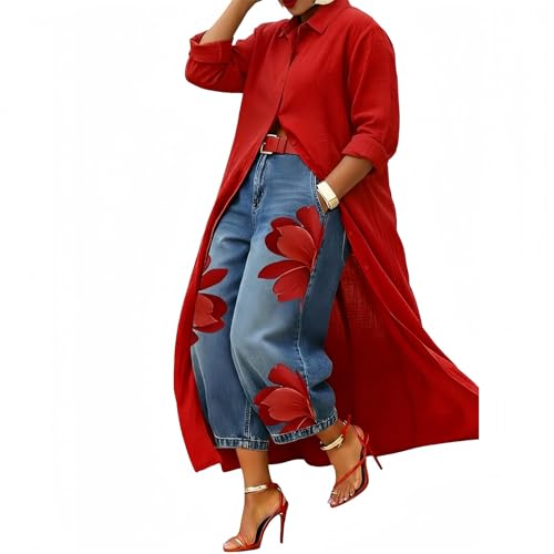 Mujeres botón Completo Moda Maxi Vestidos más tamaño algodón Lino Manga Larga Casual Suelto Flujo Playa Camisa de Vacaciones Vestidos (Red,3XL)