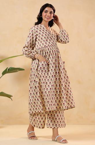 Image of Janasya Women's Pure Cotton Floral Printed A-line Maternity Kurta Pant Set