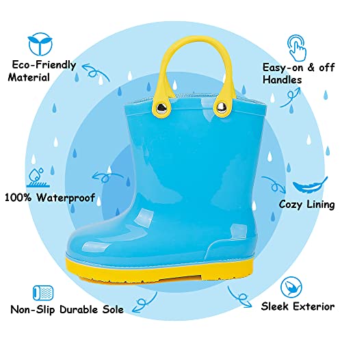 Sonsage Toddler Boys Girls Rain Boots Little Kids Easy-On Handles Blue Rainboots Unisex-Child Waterproof Lightweight Cute Printed Rubber Outdoor Rain Shoes 12 Size #TOP4