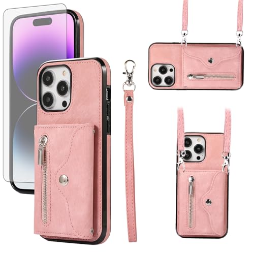 Étui de protection pour iPhone 15 Pro compartiment cartes et porte-monnaie rose