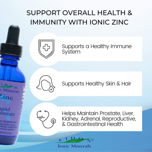 Eidon Ionic Minerals Liquid Zinc Concentrate - Ionic Zinc Drops, Boost Immune System & Mood, Relieves Stress, All-Natural, Vegan, Gluten-Free, No Preservatives Or Additive - 2 Ounce Bottle #TOP3