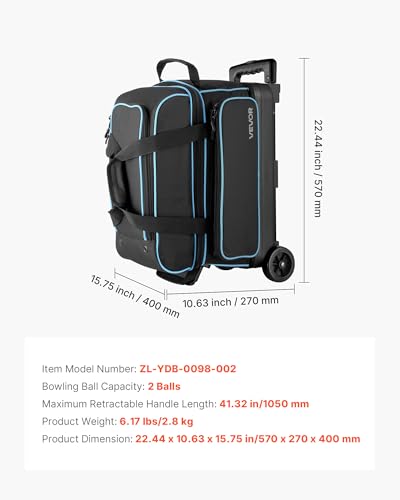 VEVOR Bowlingballtasche für 3 Bälle mit Doppelrollen & separatem Fach für Schuhe (bis US-Größe 16) & übergroßer Zubehörtasche, einziehbarer Griff lässt Sich auf 105 cm ausziehen Schwarz + Blau