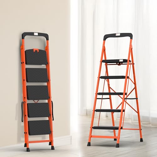 BonKaso Premium Steel Multipurpose Climb Easy Anti-Slip 5-Step Foldable Ladder with Safety Clutch Lock, Support Handle and Tool Tray for Home - (Orange & Black)