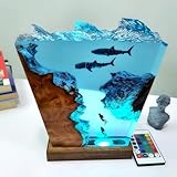 Drawelry 3D Harz Ozean Nachtlicht Tier Figuren Ornamente mit Holz Sockel Epoxidharz Marine Wale Haie Taucher Statue Mehrfarbige USB-Kabel Tischlampe für Wohnzimmer Schlafzimmer Kinderzimmer Deko (A10)