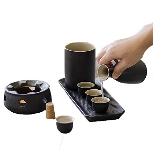 FENOKD 8 Pieces Sake Set, Black Glaze Wine Glasses Set with Warming Pot and Candle Stove, Quaint Texture with Gift Box, for Cold/Warm/Hot Sake/Shochu/Tea, Best Gifts-Tableware