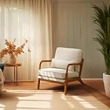 Bonnlo Linen Beige Mid Century Modern Accent Chair, Soild Wood Padding Lounge Armchairs Side Sitting Chairs for Living Room, Bedroom, Guest Room