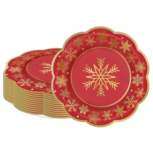 LeZakaa 25Pcs Christmas Paper Plates, Red Snowflake Gold Foil Stamped Finish Scalloped Edge Disposable Party Plates Decorative Tableware Supplies for Holiday Dinner Dessert, 9 Inch