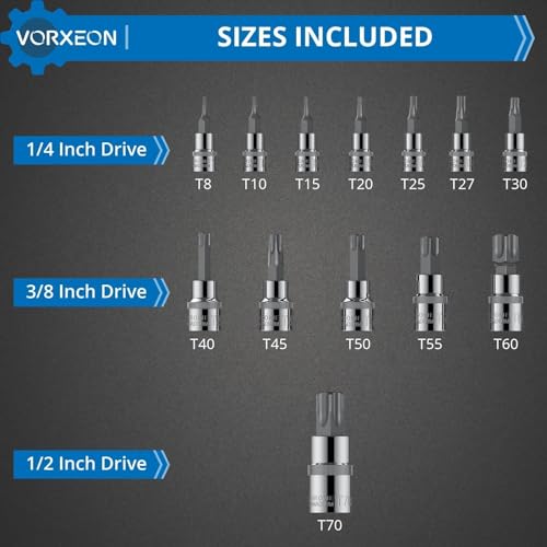 VORXEON 13Pcs Torx Bit Set Star Bit Socket Set T8-T70, 50BV30 CR-V Drive Socket and S2 Alloy Steel Bit - Image 2
