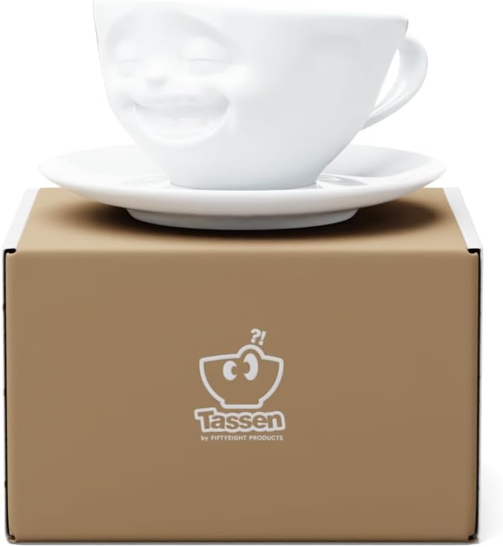FIFTYEIGHT PRODUCTS TASSEN Porcelain Coffee Cup with Saucer, Laughing Face Edition, 6.5 oz. White (Single Cup & Saucer)