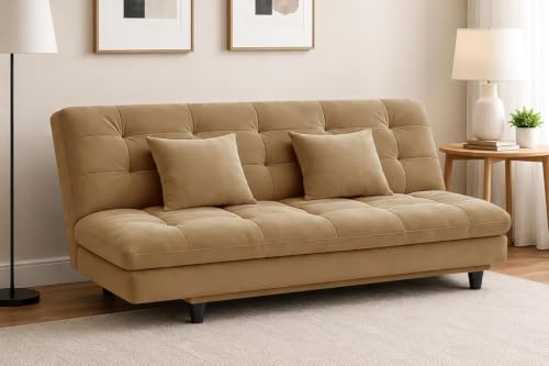Image of Velvet Fabric Wooden 3-Seater Apsen Sofa Bed with Tufted Couch with Adjustable Backrest- Living Room Furniture-Golden-Color