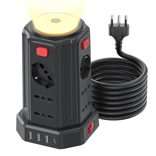 3 M Ciabatta Elettrica Multipresa con Luce Notturna 12 Prese Universali 10/16A ITA e Schuko e 3 USB A+1 USB C Protezione Sovratensione con 4 Interruttori Indipendenti per L'ufficio, La casa