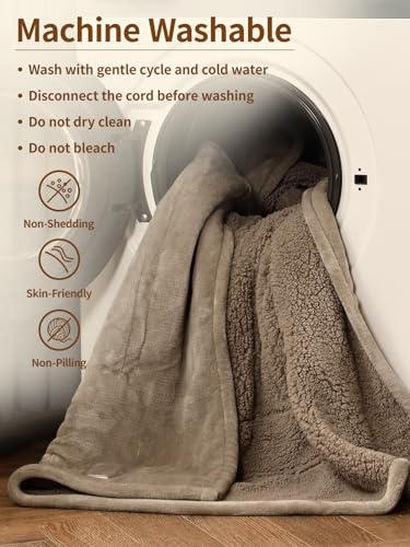 Image of Bearhug Electric Blanket Queen Size with Dual Controls, 10 Heat Levels & 1-12H Auto Shut-Off, Fast Heating Soft Velvet to Sherpa Heated Blanket for Couples, Machine Washable, Taupe