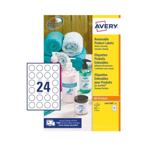 Avery Removable, Printable, Multi Purpose Circle Labels, Multi Surface, Ø37 mm, White, 24 Labels per Sheet, 600 Blank Labels per Pack (L4851REV-25)