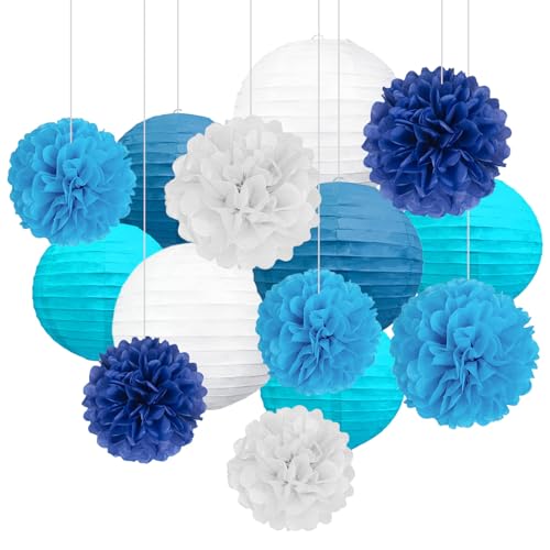 Image of 18 PCS Blue White Paper Lanterns & Tissue Paper Pom Poms for Boyss Birthday, Baby Shower, Wedding, Bridal Shower, Hanging Paper Decor for Indoor Outdoor Events Party Supplies