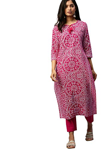 Image of ishin Women's Pure Cotton Pink Printed Straight Kurta Trouser Set