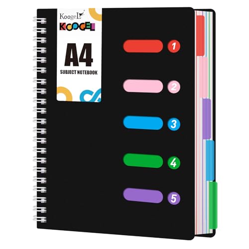 Koogel Ruled Spiral Journal Notebook, 28x21cm with Dividers & Waterproof Cover, 5 Subject Notebook for School Note Taking & Office, Black