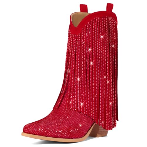 Rollda Rhinestone Cowboy Boots for Women, Sparkly Cowgirl Boots with Pointed Toe, Fringe Womens Western Boots Chunky Heel for Concert Dancing Party Music Festivals