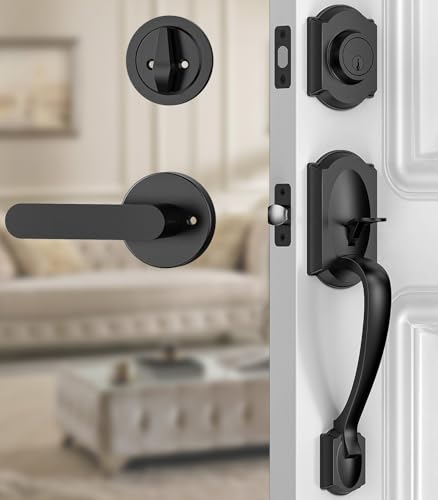 Image of Front Door Lock Set, Black Front Door Handle and Deadbolt Set, Vintage Exterior Door Lock Set, Front Door Handle with Single Cylinder, Reversible for Right & Left, Matte Black