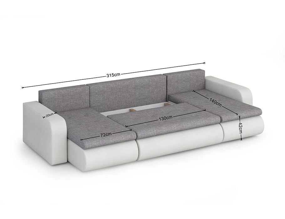 Easy4You Brooklyn Grau und Weiß Kunstleder Ecksofa U-Form 315 cm mit Schlaffunktion und Stauraum - Schlafsofa mit Bettkasten - Moderne Wohnzimmermöbel – Stoff: Lux32/Soft17 – Bild 3