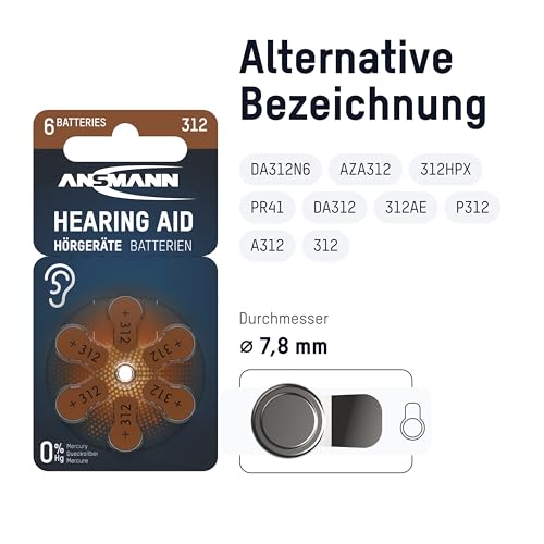 ANSMANN Hörgerätebatterien 312, 60 Stück, Batterien Typ 312 P312 ZL3 PR41, braun, Zink-Luft, Sparpack, Batterien für Hörgeräte & Hörhilfen, 1,45V, Hearing Aid Batteries 312, leicht greifbar